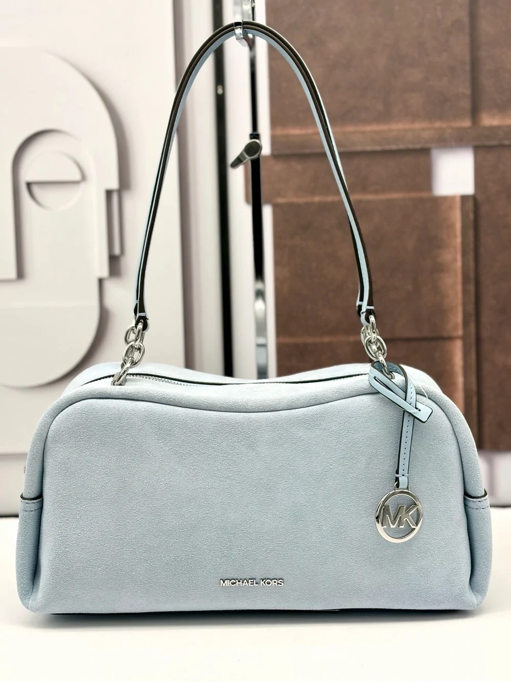 Michael Kors Cecily Light Blue Suede Shoulder Bag with MK Charm